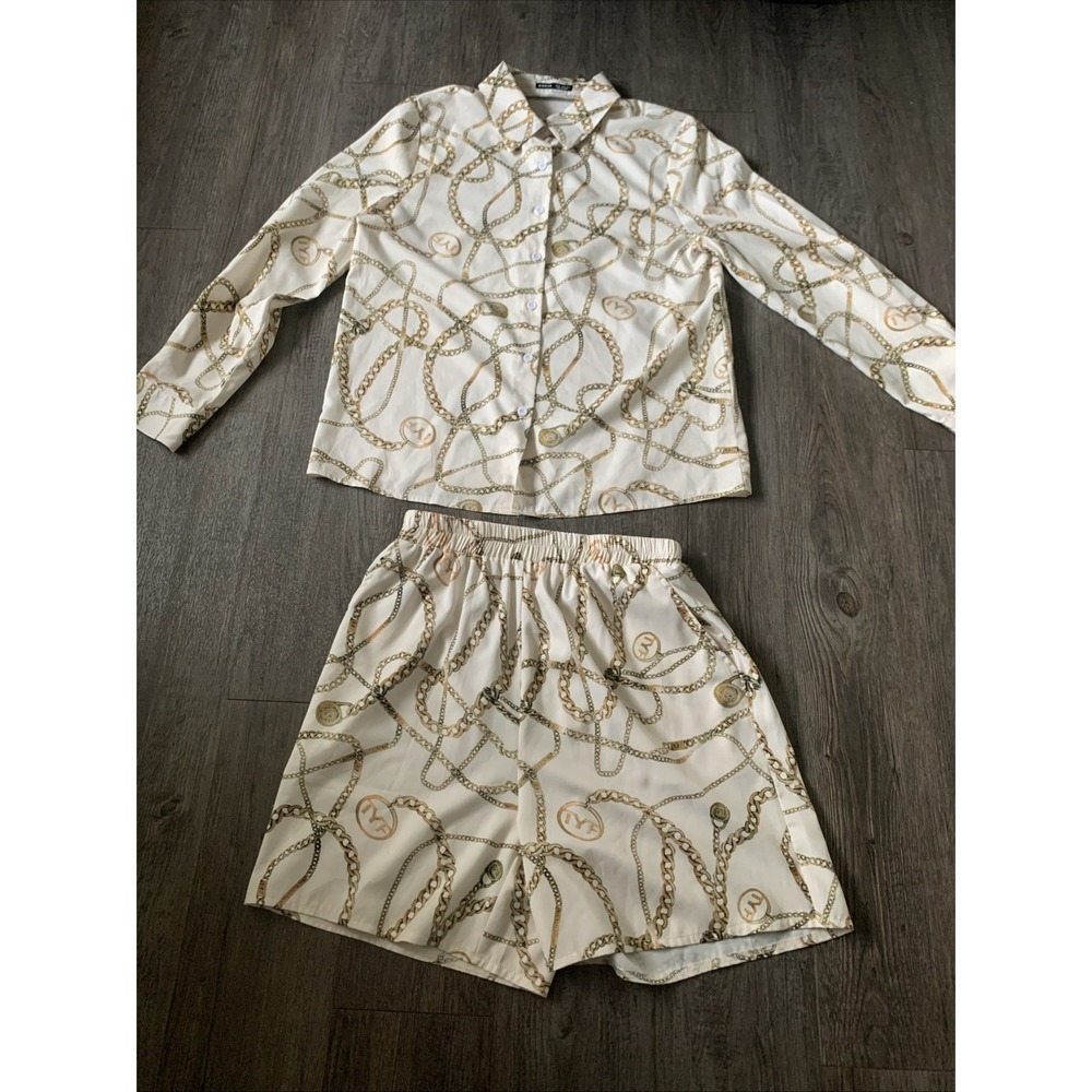 SHEIN Woman Button Up Shirt & Shorts Gold Chain Design Size M